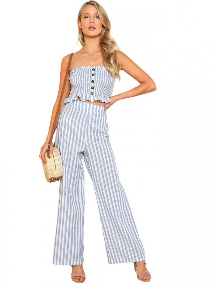 Women's Summer 2 Piece Outfits Strapless Tube Top and Pants Sets 