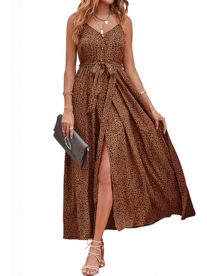 Women's Summer Spaghetti Straps V Neck Leopard Long Dress Button Down Sleeveless Split Flowy Maxi Dress with Belt 