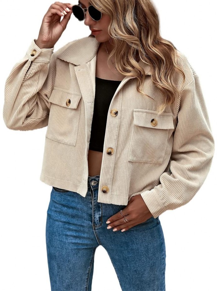 Women's Casual Cropped Corduroy Jackets Button Down Long Sleeve Shirts Jacket With Pockets 