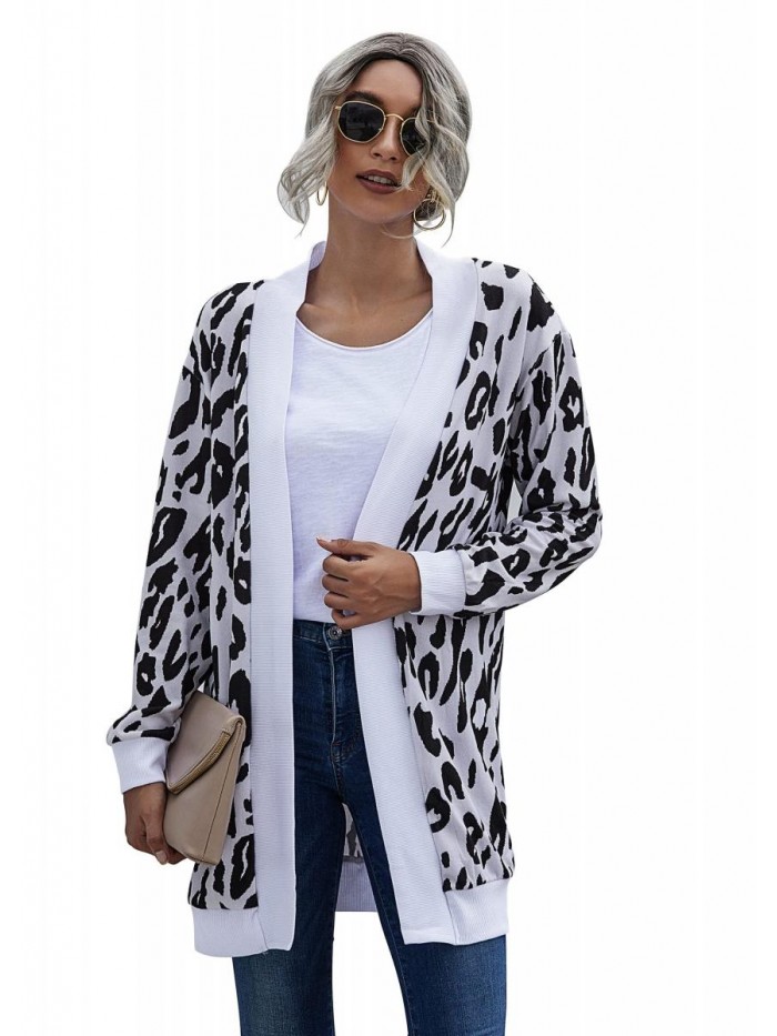 Women's Long Sleeve Open Front Print Casual Lightweight Soft Knit Cardigan Sweater Outerwear 