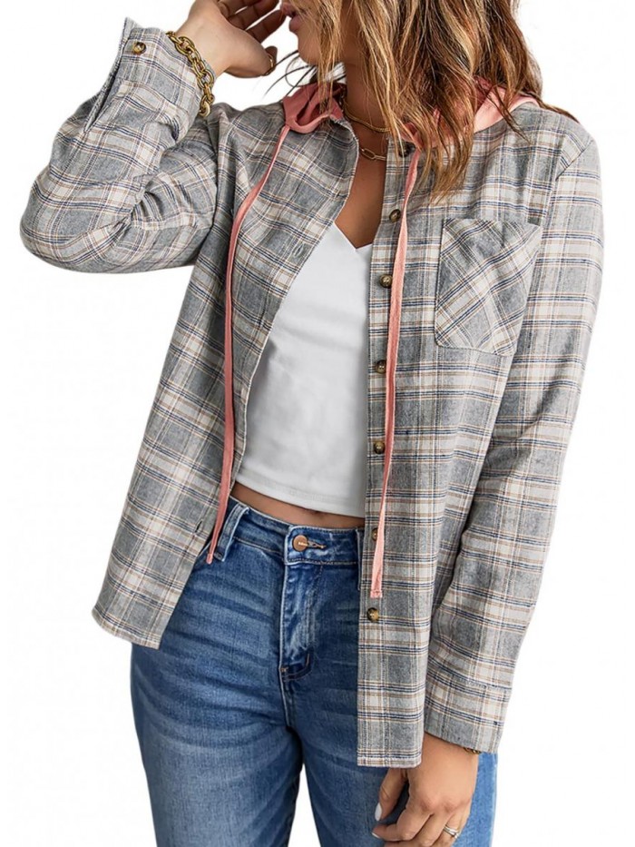 Womens Casual Plaid Shacket Jacket Hoodies Long Sleeve Button Down Blouse Shirts Tops 