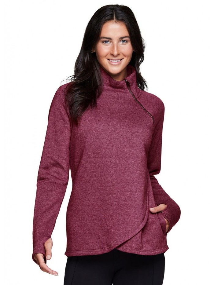 Activewear Women's Fleece Pullover Sweatshirt With Zip Mock Neck, Pockets and Thumb Holes 