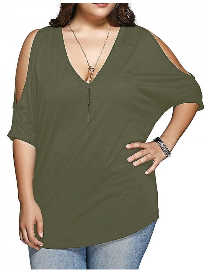 Women Plus Size Tops V Neck Short Sleeve Batwing Top Cold Shoulder T Shirt 