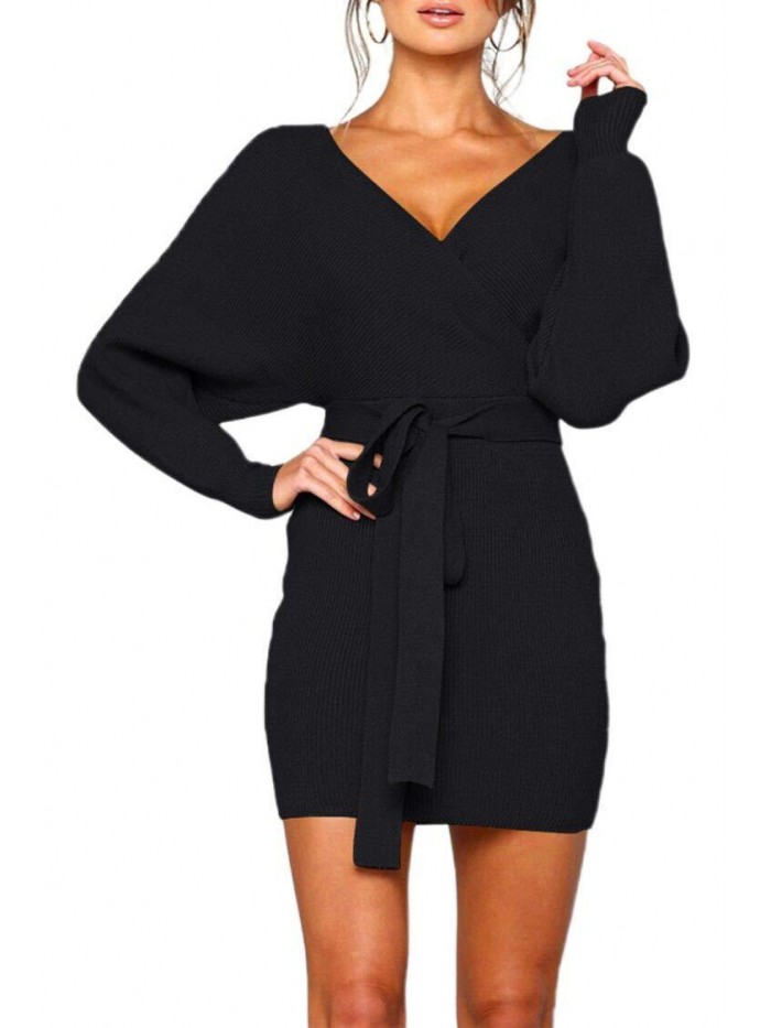 Women's Sweater Dress Sexy V Neck Long Sleeve Backless Wrap Knitted Mini Dresses 