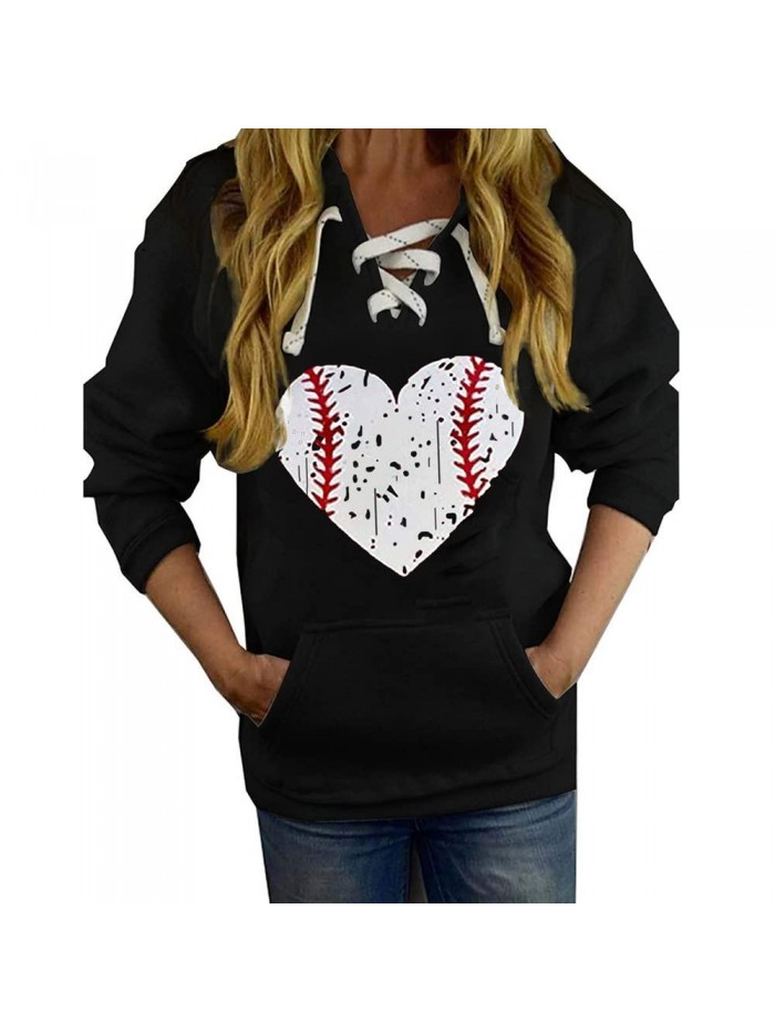 Womens Long Sleeve Sweatshirts Baseball Print Pocket Hoodie Shirts Lace Up V Neck Casual Pullover Tops 