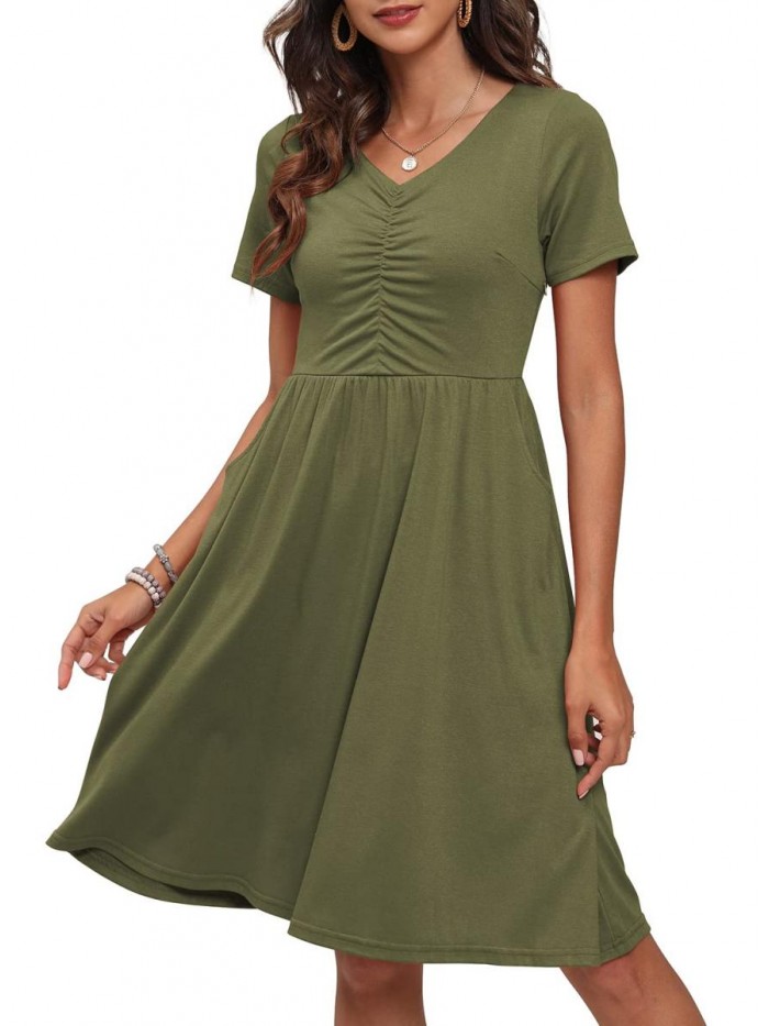 Womens Casual Summer Dress with Pockets Short Sleeve Cotton Sundress Ruched Bust V Neck Flared A Line Dresses 