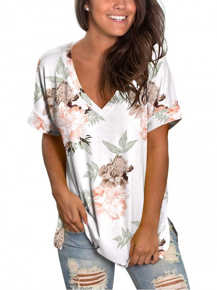 Womens Summer Tops Floral Short Sleeve V Neck T Shirts Tee Printed Side Split Tunic 