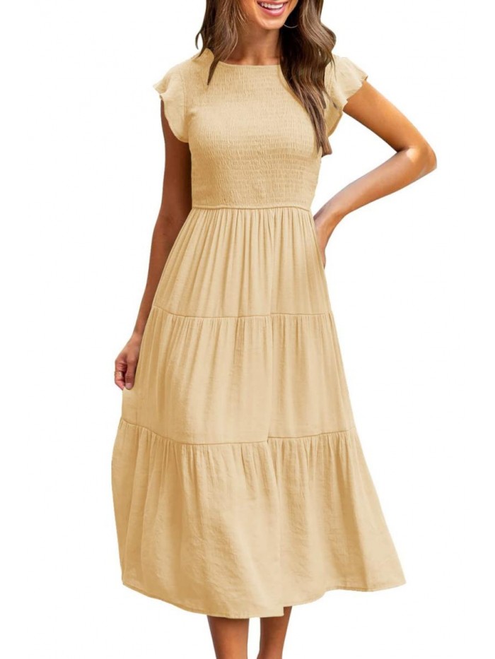 Womens Summer Casual Midi Dress Smocked Crewneck Flutter Short Sleeve Boho Tiered Maxi Dresses 