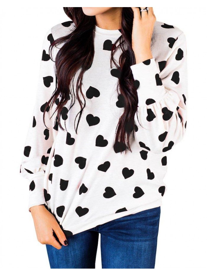 Womens Long Sleeve Heart Prints Blouse Crew Neck Valentines Tshirt Sweatshirt 