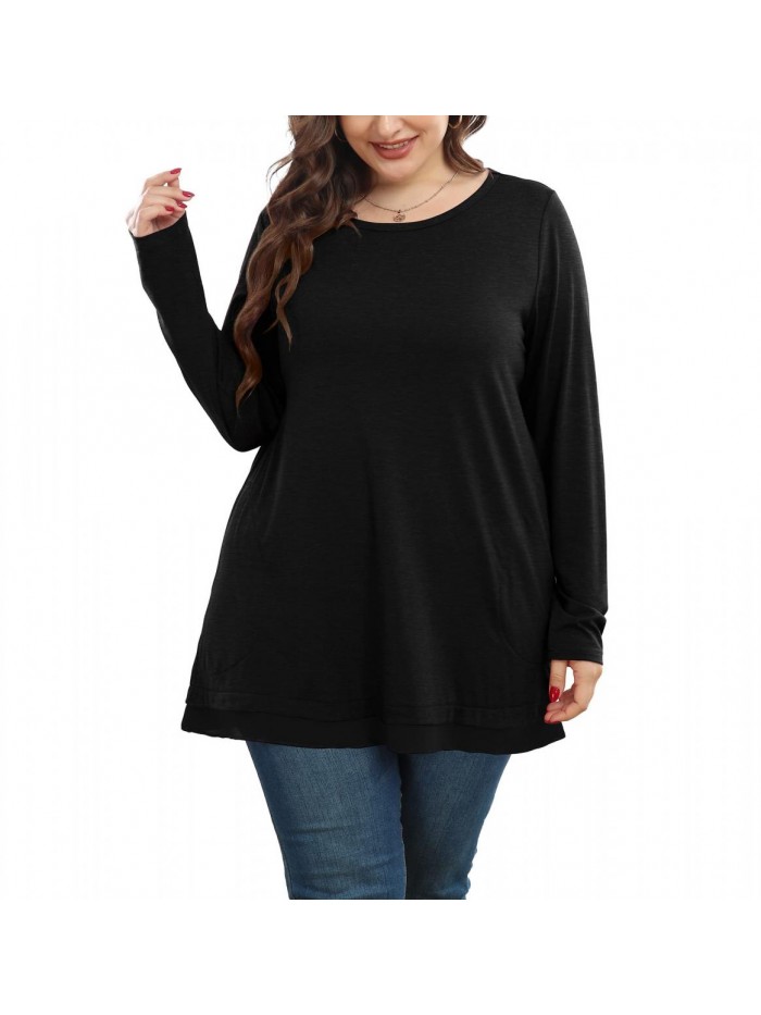 Women's Plus Size Casual Tunic Top - Long Sleeve Pleated Button Up Ruffle Flared Solid Blouse Shirt(0X-4X) 