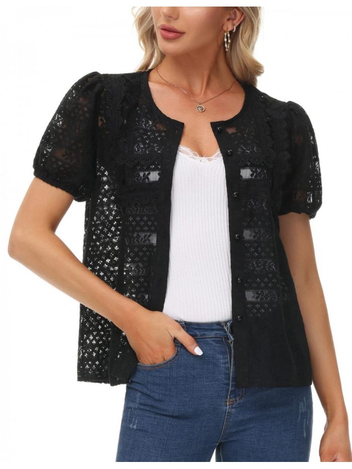 Poque Women Short Sleeve Lace Cardigan Button Up Crochet Shrug Casual Lightweight Vintage Bolero Jackets 