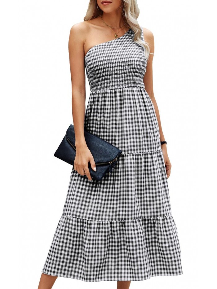 Womens Summer Dress One Shoulder Plaid Dress Elegant Party Ruffled Flowy Dress 