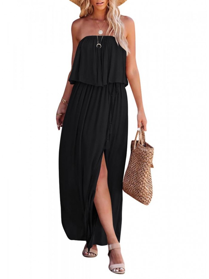 Women’s Summer Off Shoulder Ruffle Maxi Dress Strapless Split Long Party Beach Dress 