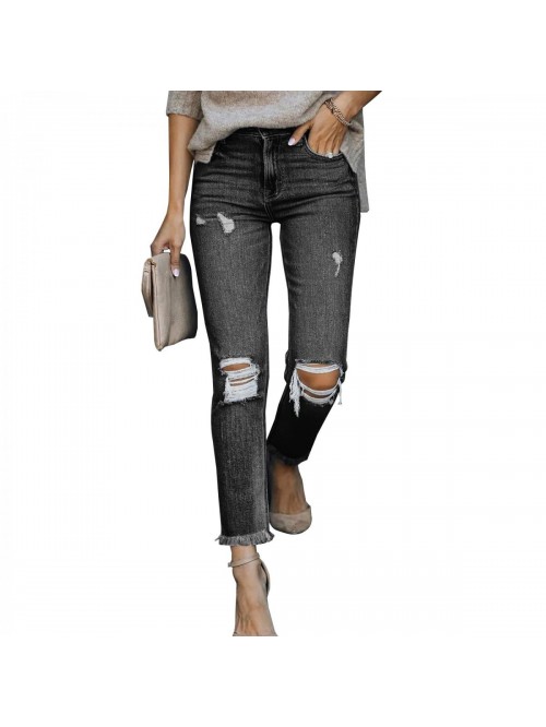 Womens Ripped Boyfriend Jeans high Waisted Straigh...