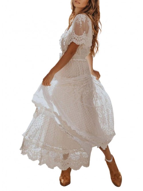 Women's V Neck Floral Lace Wedding Dress Short Sle...