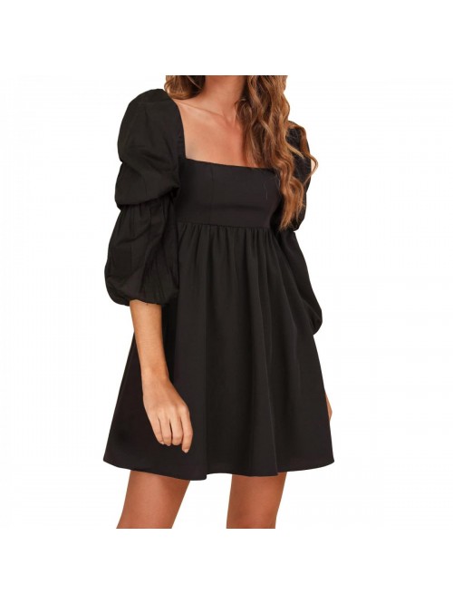 Womens Square Neck Dress Long Puff Sleeve A-Line C...