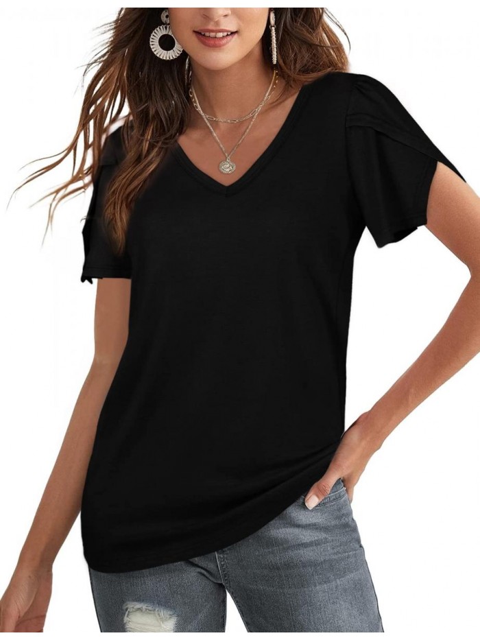 Summer Tshirts for Women V Neck Petal Sleeve Tops Dressy 