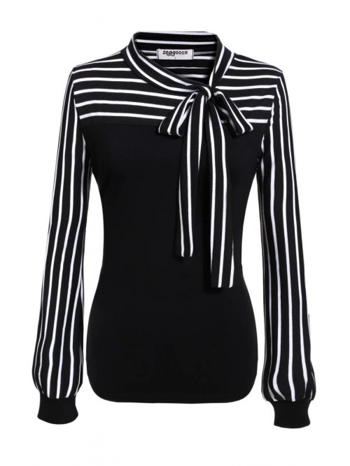 Women Office Blouse Lantern Long Sleeve Tops Bow T...