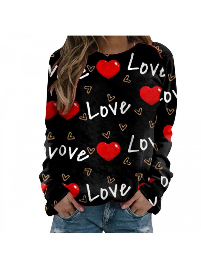 Valentine's Day Sweatshirts Long Sleeve Love Heart Printed Tshirt Casual Loose Crewneck Holiday Pullover Tops 