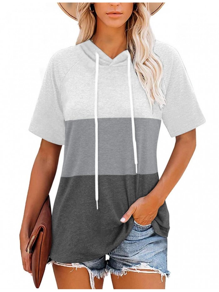 Women's T Shirts Color Block Tops Short Sleeve Hoodies Summer Casual Tees 