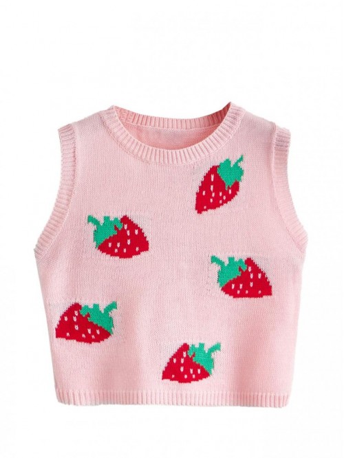 Women's Sleeveless Round Neck Cute Strawberry Swea...