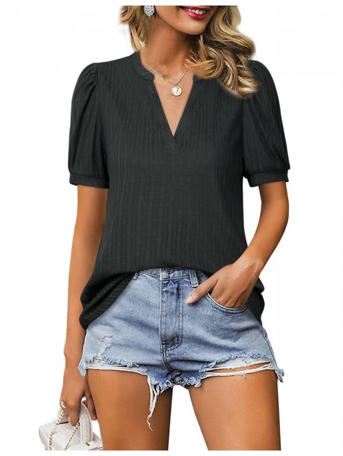 Women's Puff Short Sleeve Blouse V Neck Summer Top...