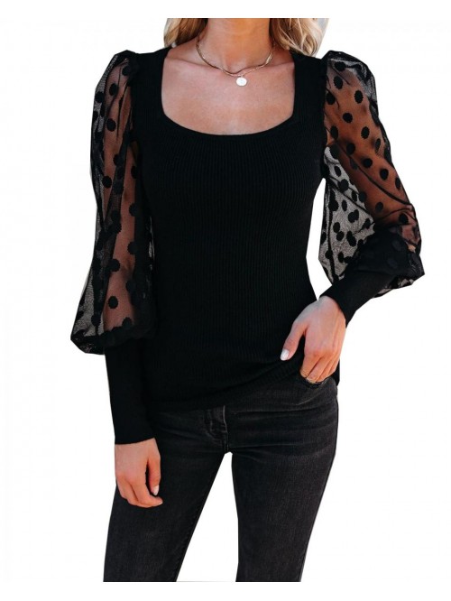 Womens Round Neck Polka Dot Mesh Lace Long Sleeve ...