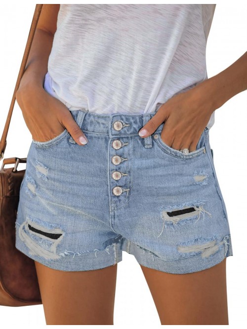 Women Summer High Waisted Sewn Cuffed Hem Buttons ...