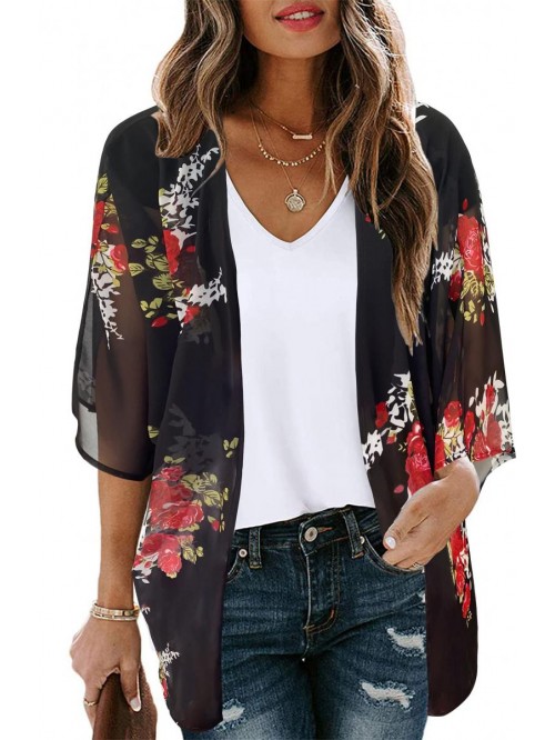 Floral Print Puff Sleeve Kimono Cardigan Loose Cov...