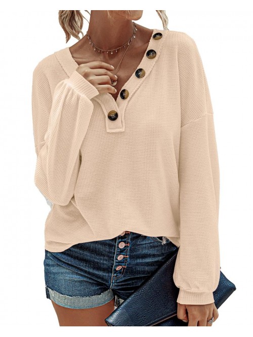 Women Waffle Knit Shirts V-Neck Long Sleeve Casual...