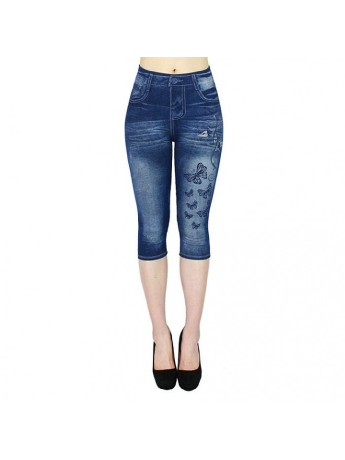 Below Knee Skinny Denim Pants Butterfly Print High Waist Stretch Slim Capri Jeans 3/4 Pencil Leggings 