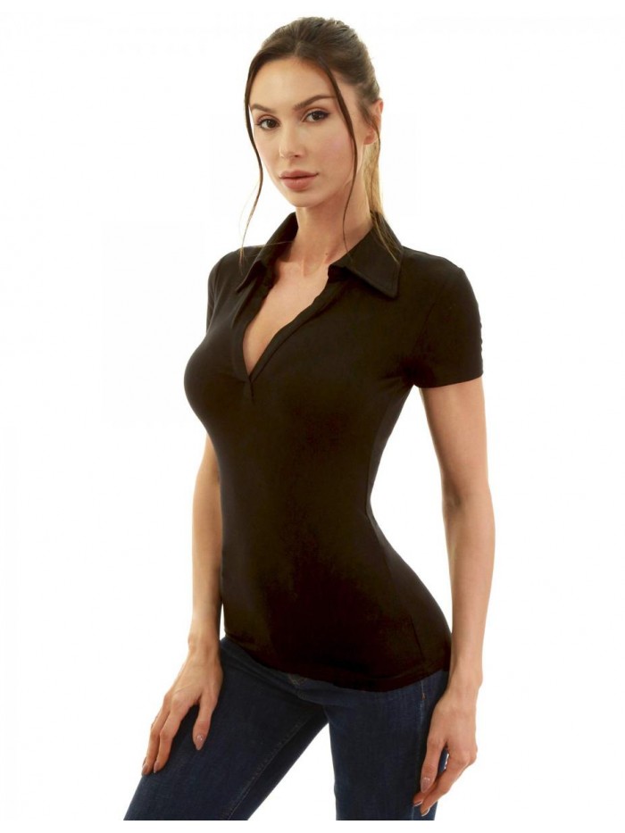 Women Collared V Neck Short Sleeve Polo Shirt 