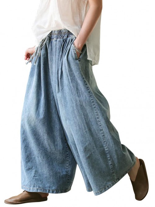 Women's Baggy Cotton Denim Wide Leg Pants Casual L...