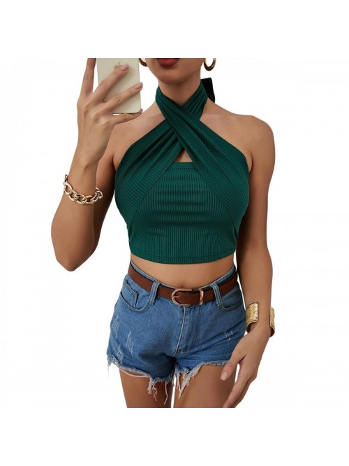 Women's Ribbed Halter Crop Top Criss Cross Ruched ...