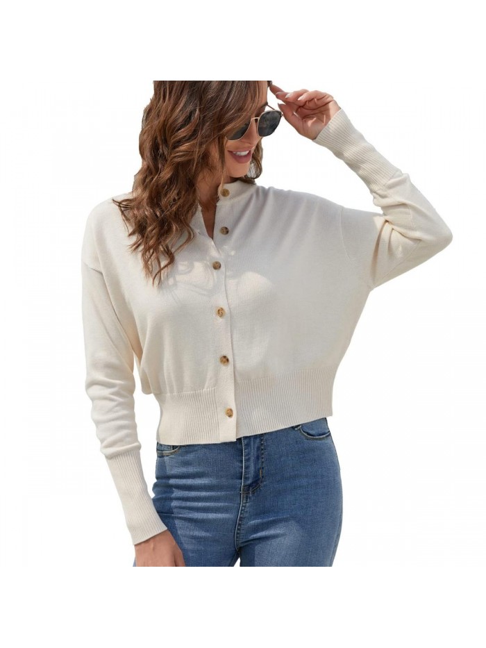 Lightweight Cardigan,Wool Crewneck Sweater Long Sleeves Button Up Open Front Knit Crop Top 