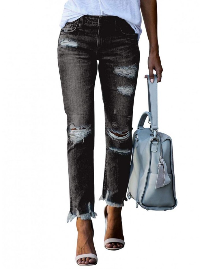 Women Patchwork Destroyed Raw Hem Jeans Ripped Hole Denim Pants 