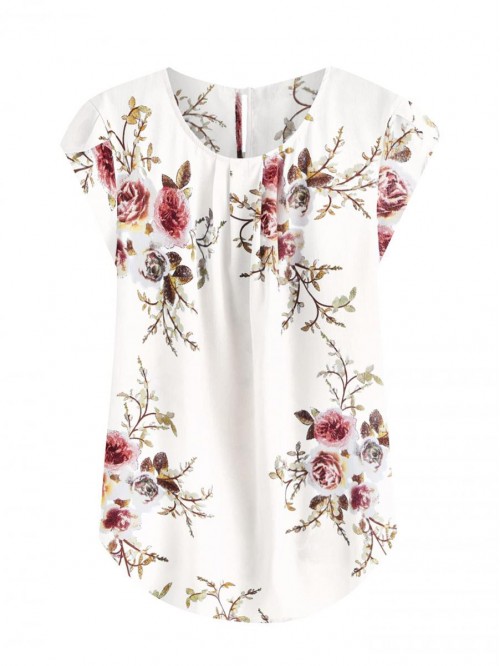 Women's Elegant Floral Print Petal Cap Sleeve Plea...