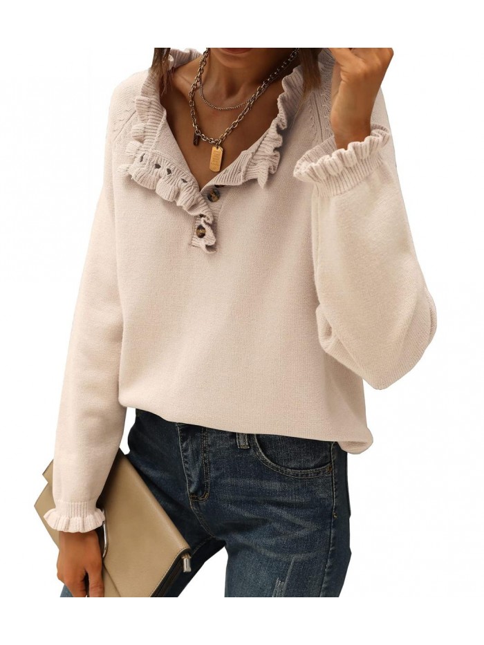 Women's Sweaters Casual Long Sleeve Button Down Crew Neck Ruffle Knit Pullover Sweater Tops Solid Color Striped 