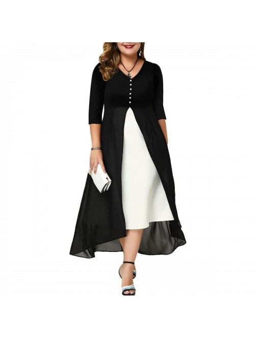 Women's Plus Size 3/4 Sleeve Elegant Contrast Chif...