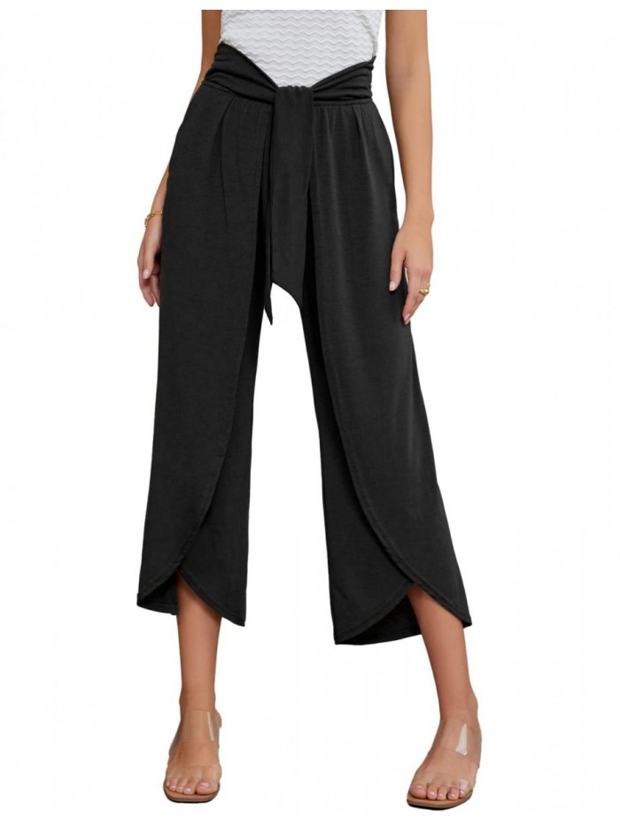 KARIN Women High Waist Casual Pants Boho Split Belted Wide Leg Trousers 