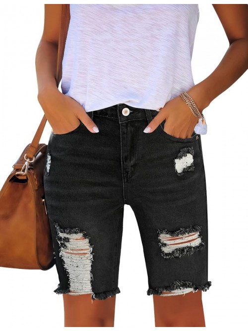 Women Summer Frayed Ripped Bermuda Shorts Distress...