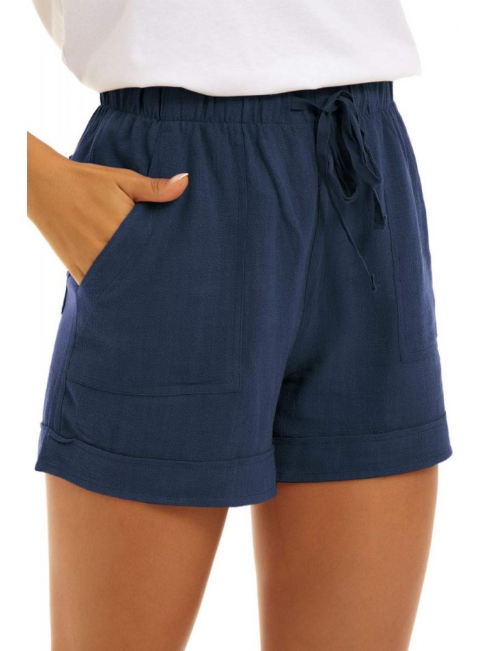 Women Casual Cotton Shorts Drawstring Comfy Elastic Waist Shorts Summer Pull On Short with Pockets(S-2XL) 