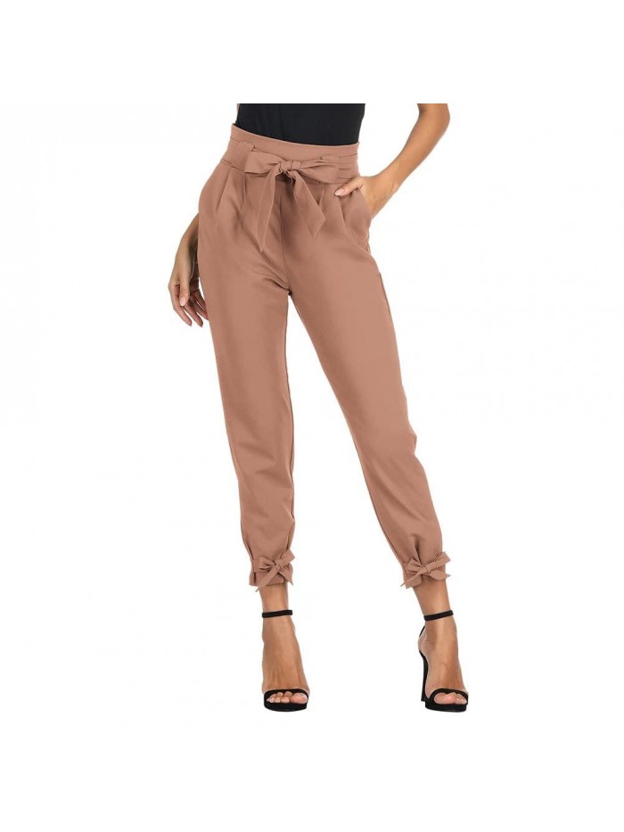 KARIN Women's Casual Pants Solid High Waist Self Tie Belted Pencil Trouser 