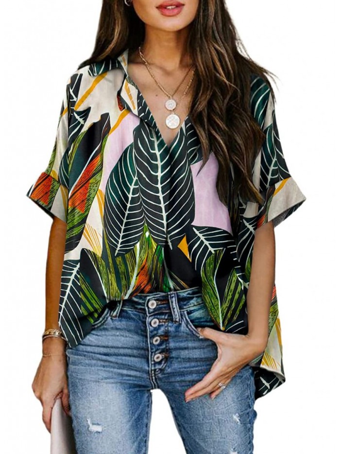 Women V Neck Vertical Stripes Shirt Loose Button Down Blouse Tops 