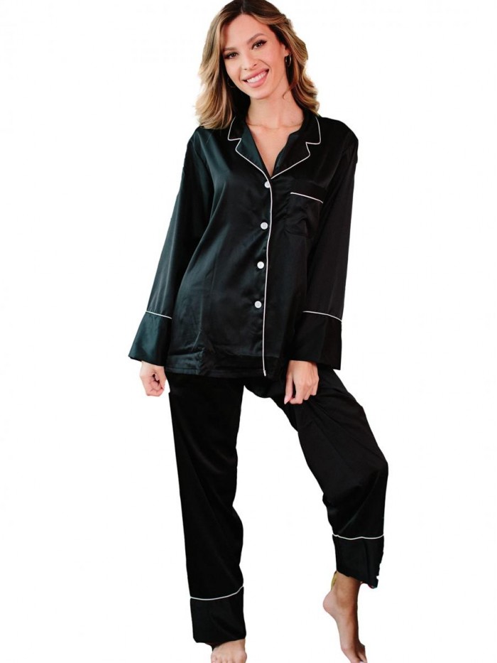 Design Women's Silk Satin Pajama Button Down Long Sleeve and Pants Set Sleepwear Loungewear S To XXL 