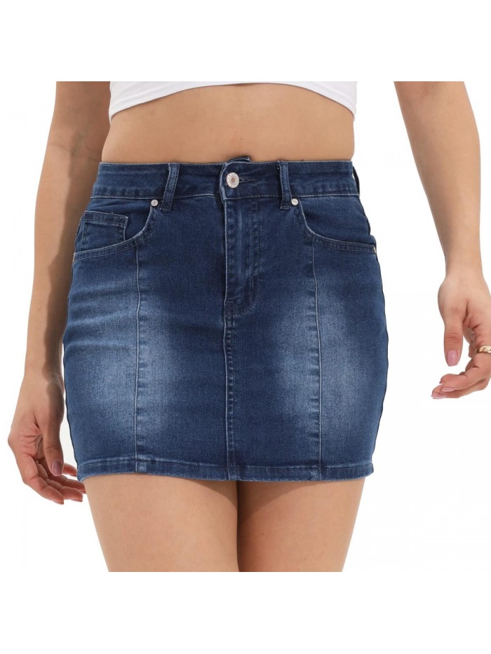 Women's Casual Mid Waisted Stretch Jean Skirts Washed Pockets Mini Denim Skirt 