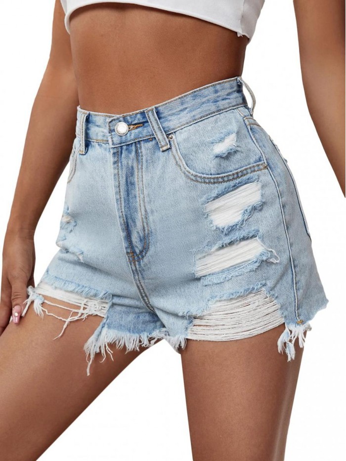 Women's Ripped Raw Hem High Waisted Distressed Denim Shorts 