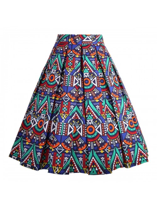 Women's Vintage A-line Printed Pleated Flared Midi...