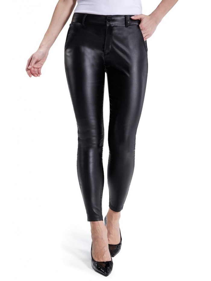 Art Faux Leather Pants for Women Zipper Skinny Leg Black Leather Pants for Women with Pockets 