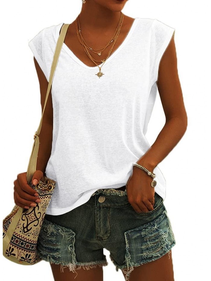 Womens Cap Sleeve Blouses T-Shirt Casual Loose Fit Basic Shirts Tank Tops 